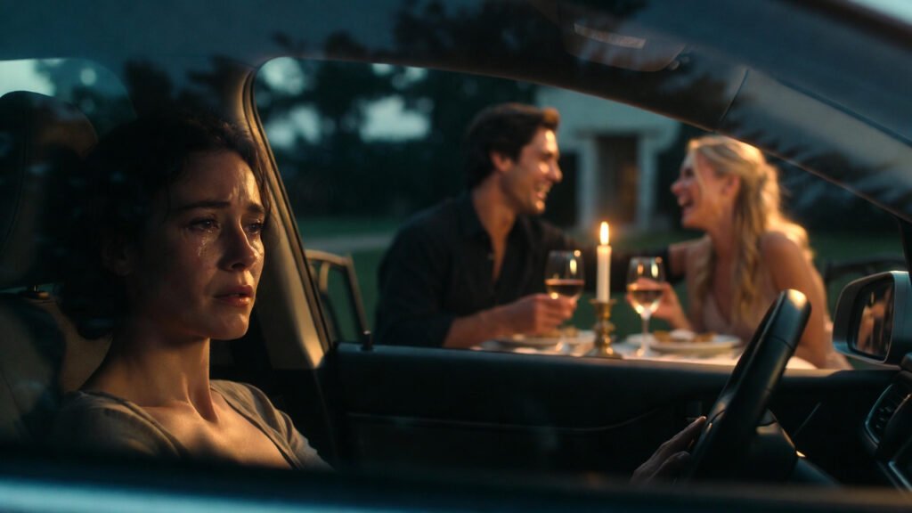 Woman crying watching her partner cheating on a date with another woman.